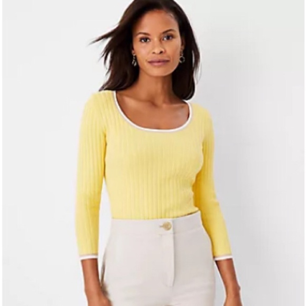 Ann Taylor Contrast Trim Ribbed Knit Scoop Neck Yellow Pullover Sweater